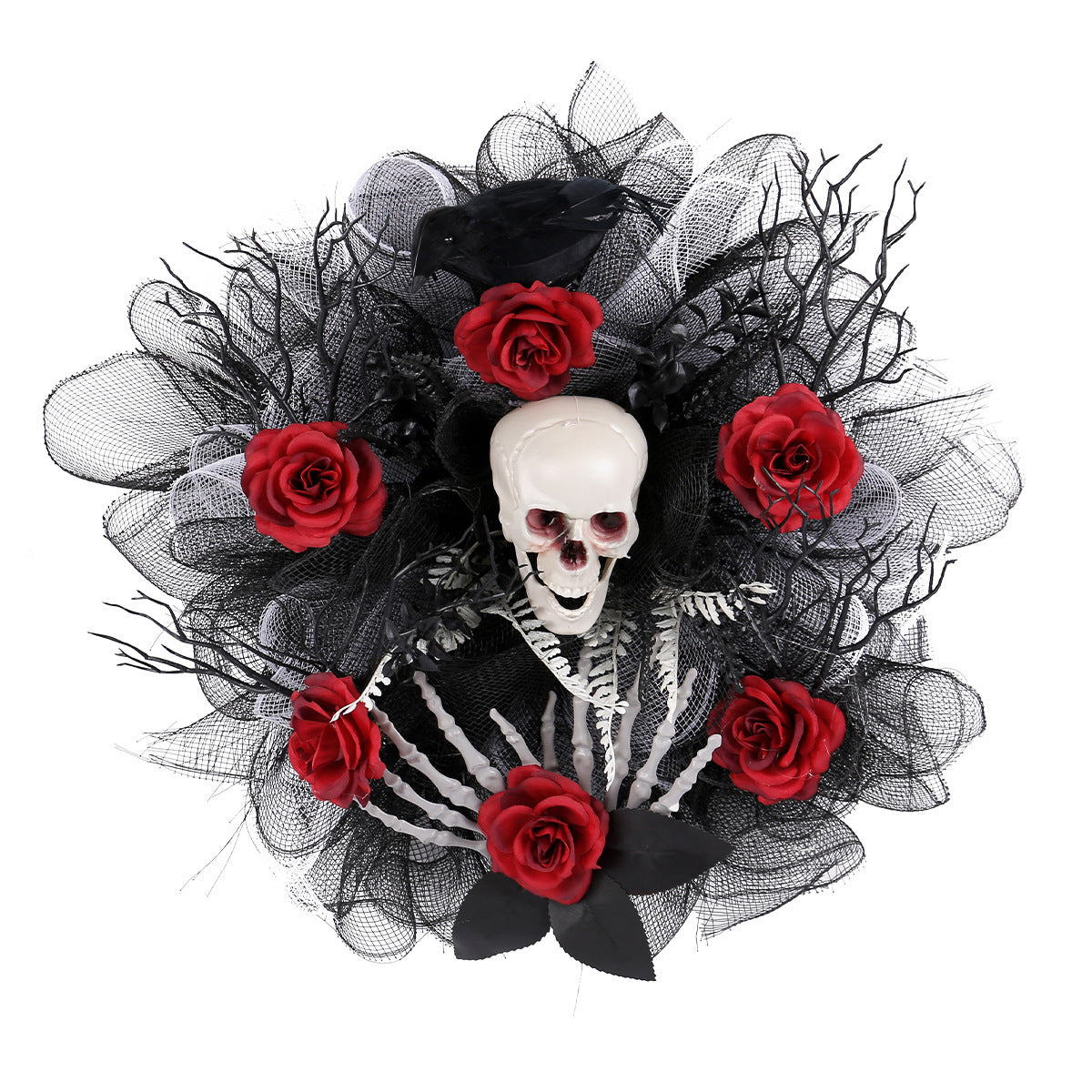 Halloween Red Rose Skull Mesh Garland – Spooky Door Hanging Decoration for Halloween Parties