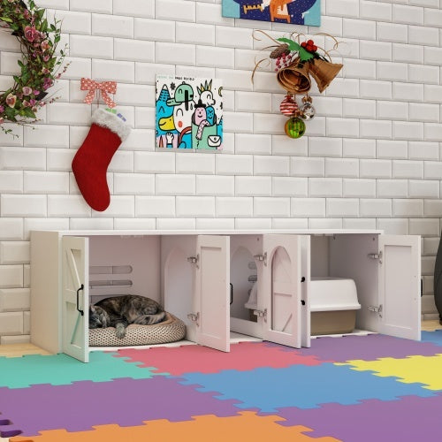 Modern Wooden Cat Litter Box Furniture - Double Room with Cat Door