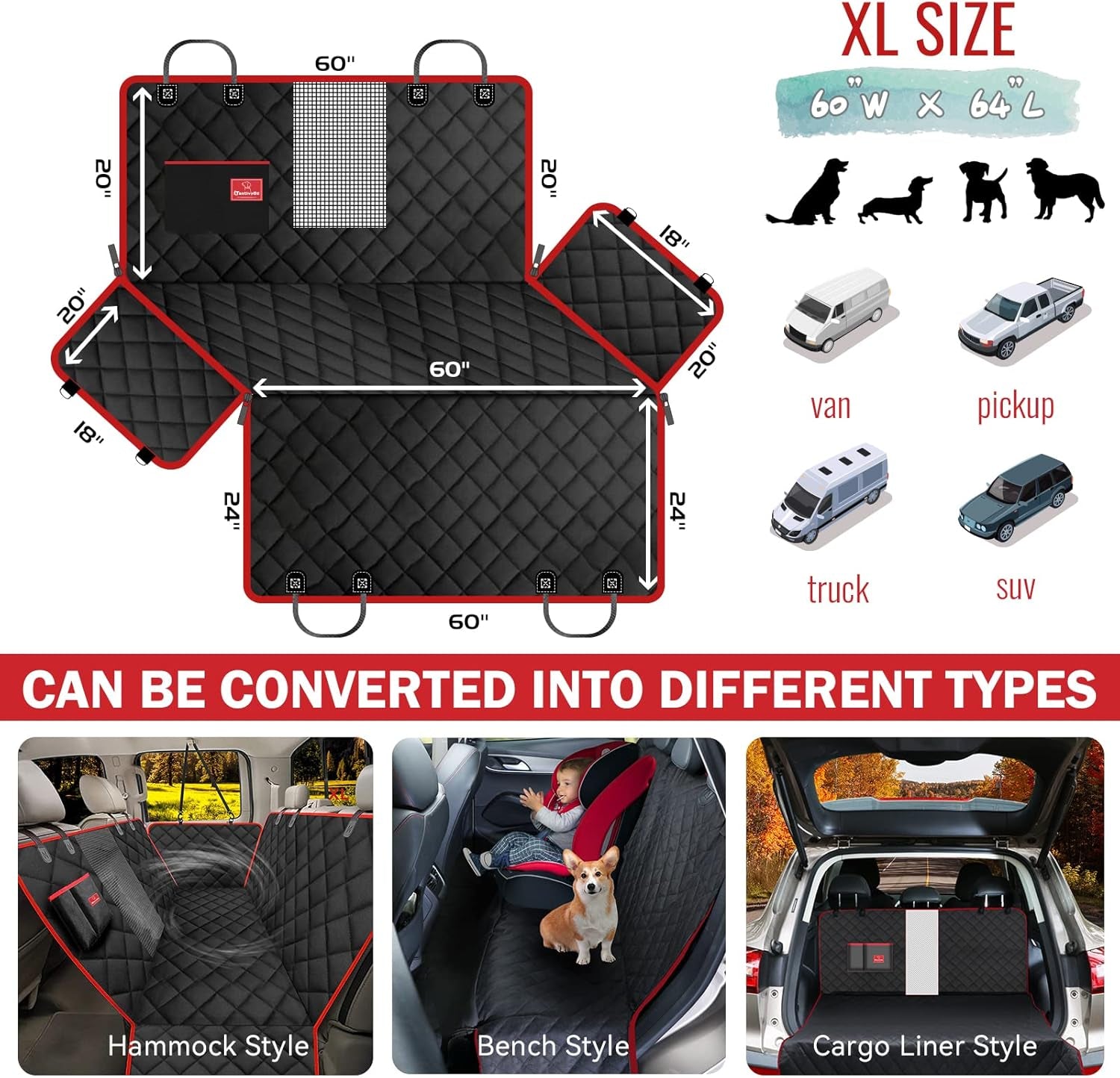 Dog Car Seat Cover for Back Seat, X-Large Dog Seat Cover for Cars, 100% Waterproof Back Seat Covers for Dogs, Pet Car Seat Cover Protector, Dog Hammock for Car/Suvs, Red (60''W X 64''L)