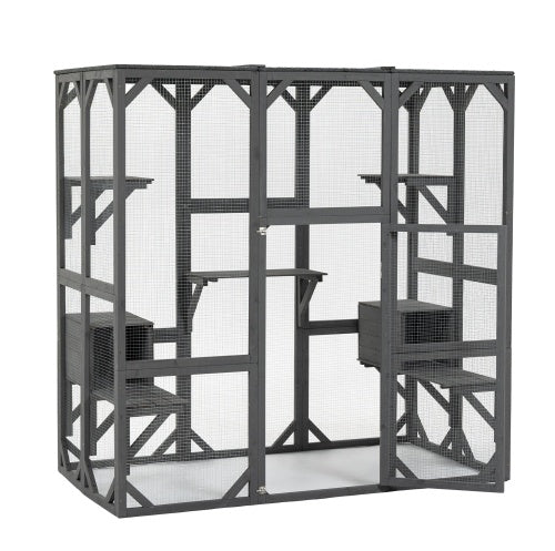 Wooden Outdoor Cat Cage with Jump Platforms & Apartment Living Space