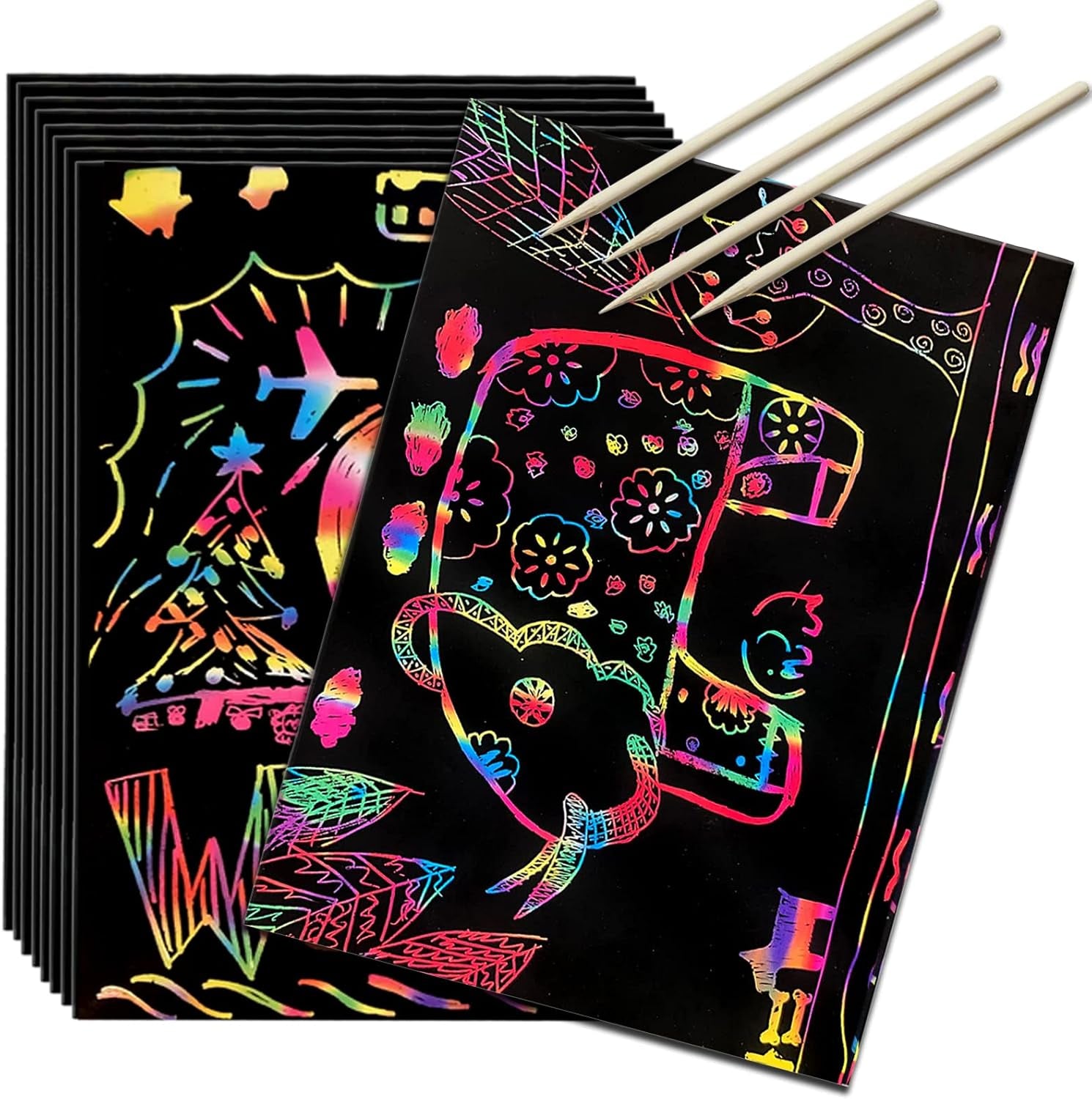 Scratch Art Rainbow Paper 36 Sheets, Colorful Magic Papers Black Scratch It off Art Crafts Notes Boards with 4 Scratch Pen for Kids Holiday Birthday Gift (36 Papers)