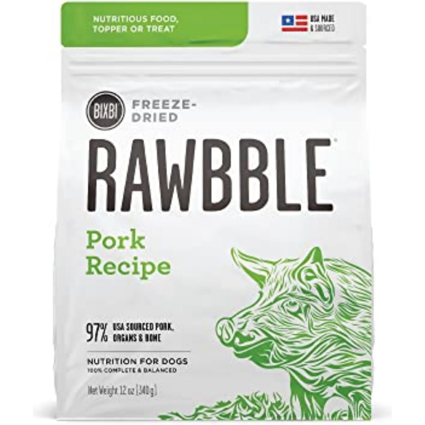 Rawbble Freeze Dried Dog Food, Pork Recipe, 12 Oz - 97% Meat and Organs, No Fillers - Pantry-Friendly Raw Dog Food for Meal, Treat or Food Topper - USA Made in Small Batches