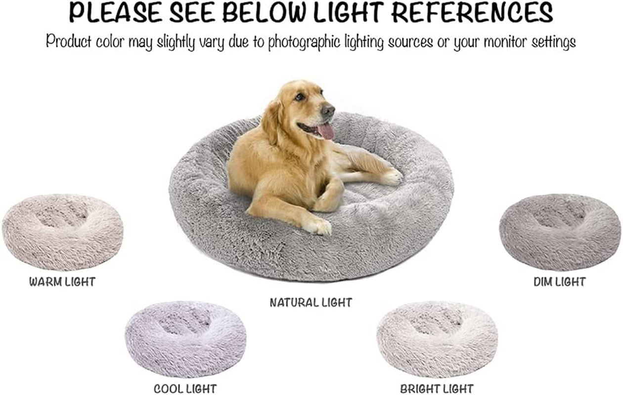 Donut Dog Bed Faux Fur Fluffy Calming Sofa for Large Dogs, Soft & Plush anti Anxiety Pet Couch for Dogs, Machine Washable Coco Pet Bed with Non-Slip Bottom, 36"X36"X8" Grey