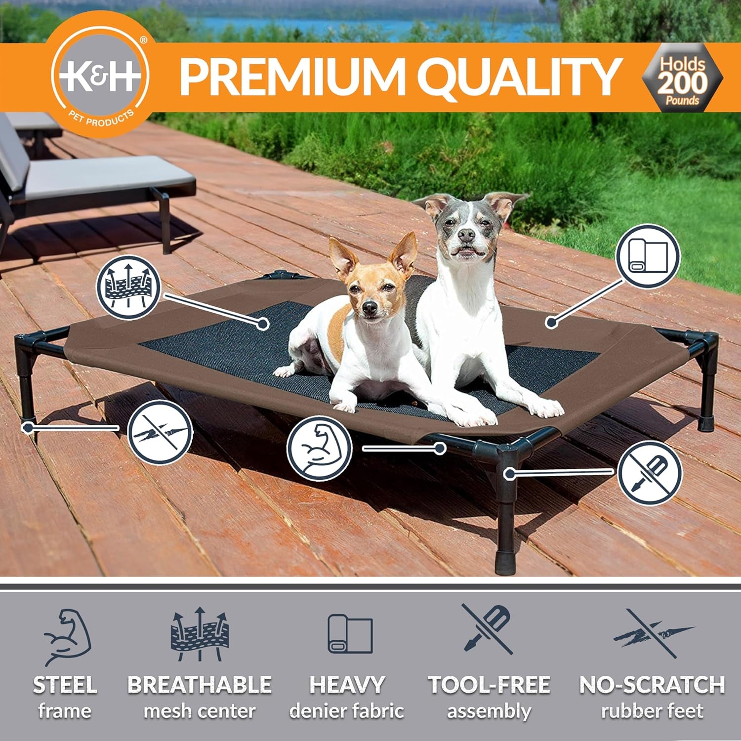 Dog Cots Beds for Large Dog- Elevated Outdoor Dog Cot Bed- Raised Dog Hammock Cooling Bed- Washable, Portable Dog Cot- Heavy Duty Durable Metal Frame, Large, Chocolate/Black Mesh