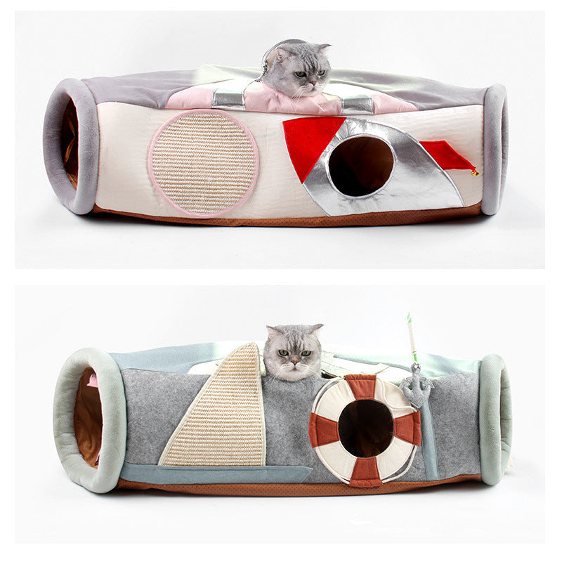 Semi-Enclosed Cat Scratcher Tunnel with Litter Area