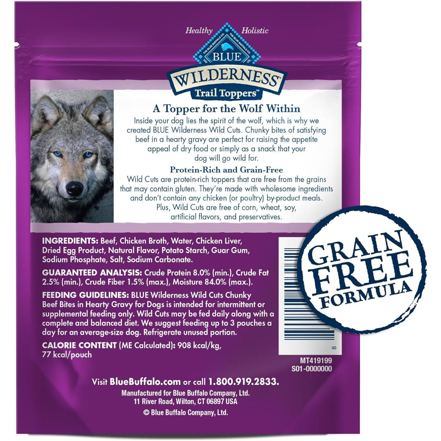 Wilderness Trail Toppers Wild Cuts Wet Dog Food, High-Protein & Grain-Free, Made with Natural Ingredients, Chunky Beef Bites in Hearty Gravy, 3-Oz. Pouches, (24 Count)