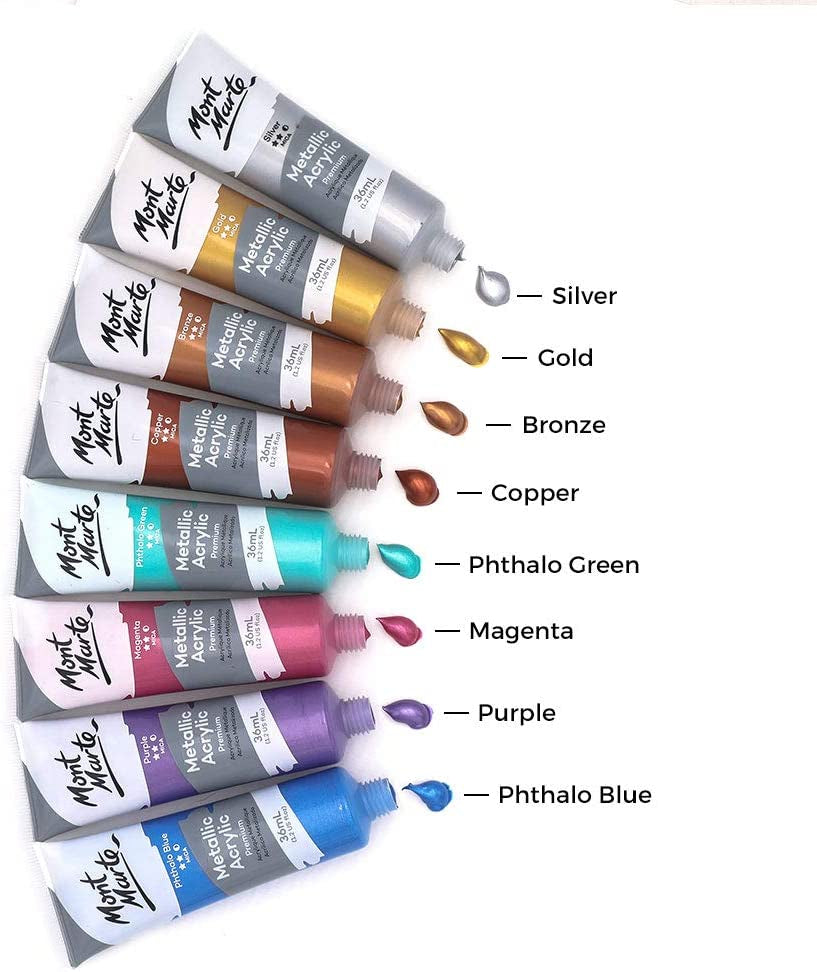 Premium Metallic Acrylic Paint Set, 8 X 1.02Oz (36Ml) Tubes, 8 Colors, Suitable for Most Surfaces Including Canvas, Card, Paper and Wood