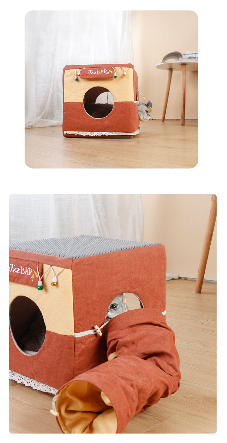 Semi-Enclosed Cat Tunnel Bed – Foldable Sleeping Nest