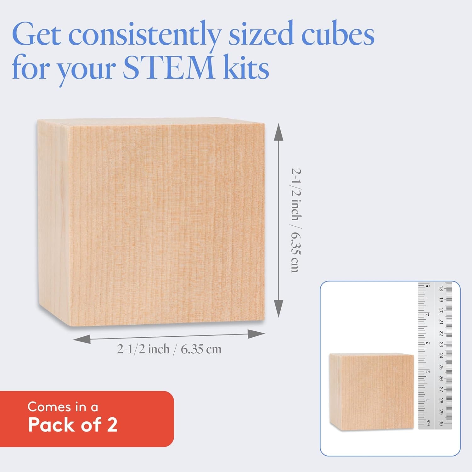 DIY Wooden Cubes 2-1/2-Inch, Pack of 2 Large Wooden Blocks, Unfinished Wood Blocks for Crafts, STEM, Dice, and Building Blocks for Stacking, by