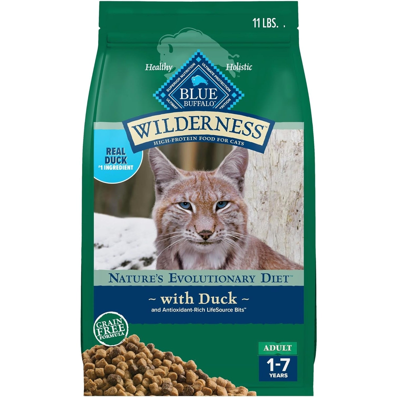 Wilderness Healthy Adult Dry Cat Food, Supports Health and Wellness, High-Protein & Grain-Free, Duck, 11-Lb. Bag