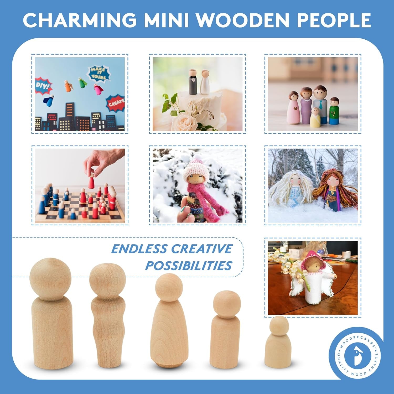 Wood Peg Doll Set, 50 Piece Wood Peg Family (Toy Peg People: Dad, Mom, Angel, Child, Baby) Unfinished for Crafts & Play