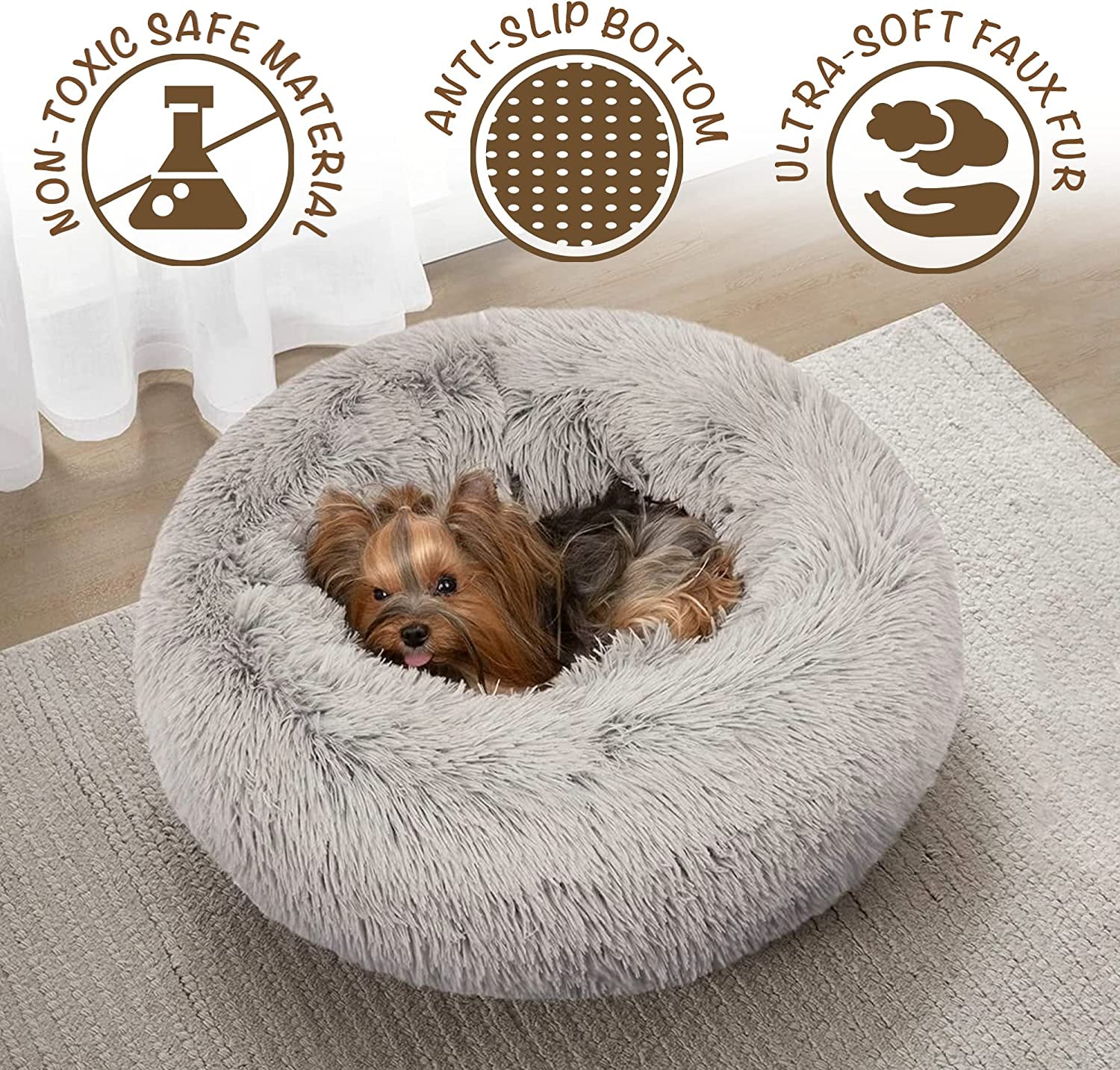 Donut Dog Bed Faux Fur Fluffy Calming Sofa for Large Dogs, Soft & Plush anti Anxiety Pet Couch for Dogs, Machine Washable Coco Pet Bed with Non-Slip Bottom, 36"X36"X8" Grey