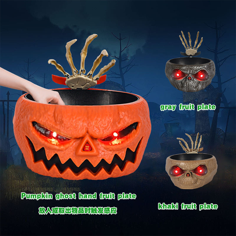 Halloween Candy Bowl with Motion-Activated Skeleton Hand – Battery-Operated Pumpkin Bowl for Trick-or-Treaters and Halloween Parties