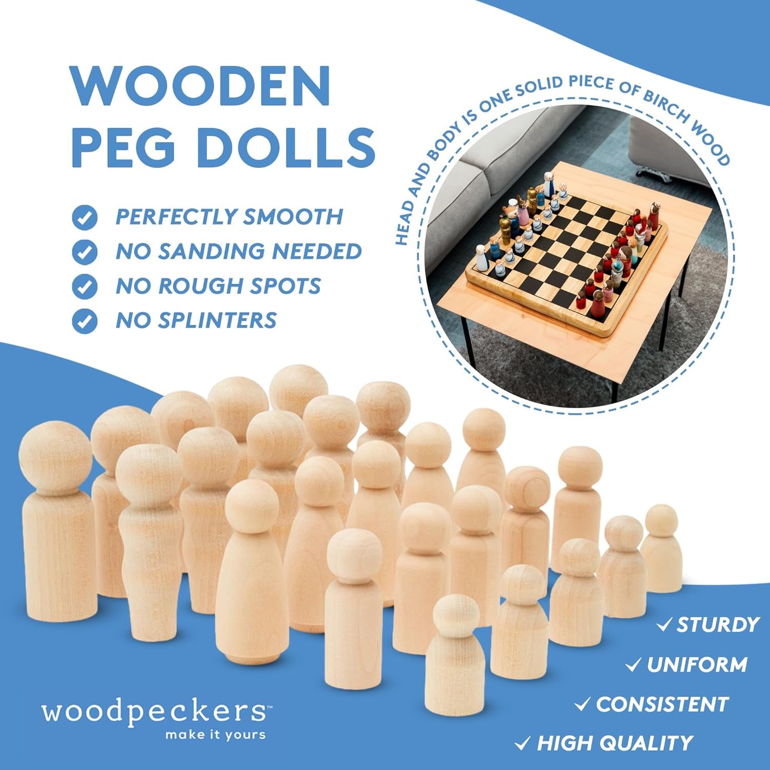 Wood Peg Doll Set, 50 Piece Wood Peg Family (Toy Peg People: Dad, Mom, Angel, Child, Baby) Unfinished for Crafts & Play