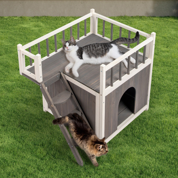 Two-Storey Wooden Cat House with Ladder - Compact & Functional