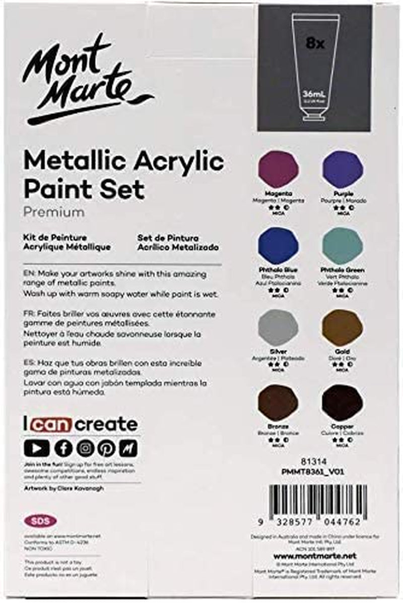 Premium Metallic Acrylic Paint Set, 8 X 1.02Oz (36Ml) Tubes, 8 Colors, Suitable for Most Surfaces Including Canvas, Card, Paper and Wood