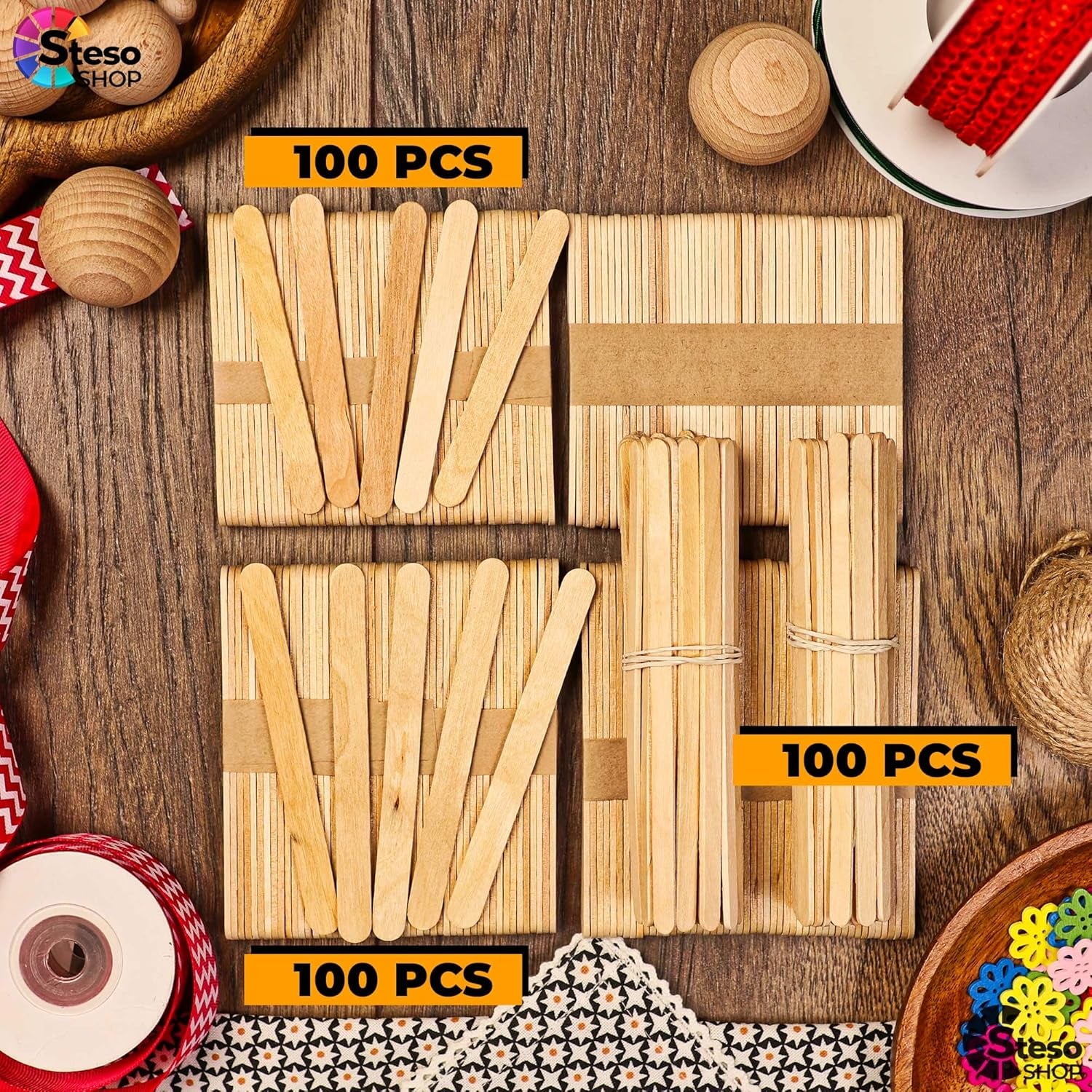 Popsicle Stick Craft Supplies 300Pcs - Premium Quality - Jumbo Craft Bulk Popsicle - Mixed Sizes Assorted Multi Mini Large Wood Stick Strips Wax - Craft for Kids…