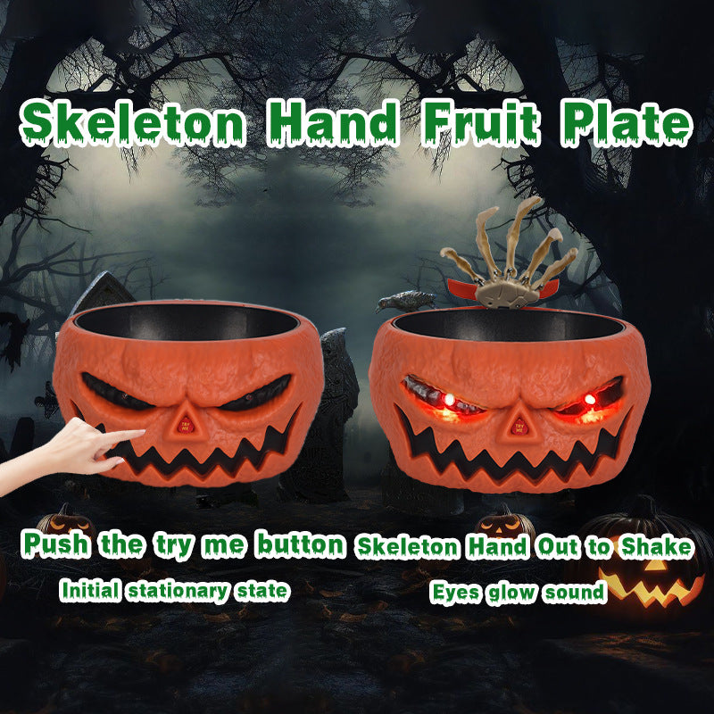 Halloween Candy Bowl with Motion-Activated Skeleton Hand – Battery-Operated Pumpkin Bowl for Trick-or-Treaters and Halloween Parties