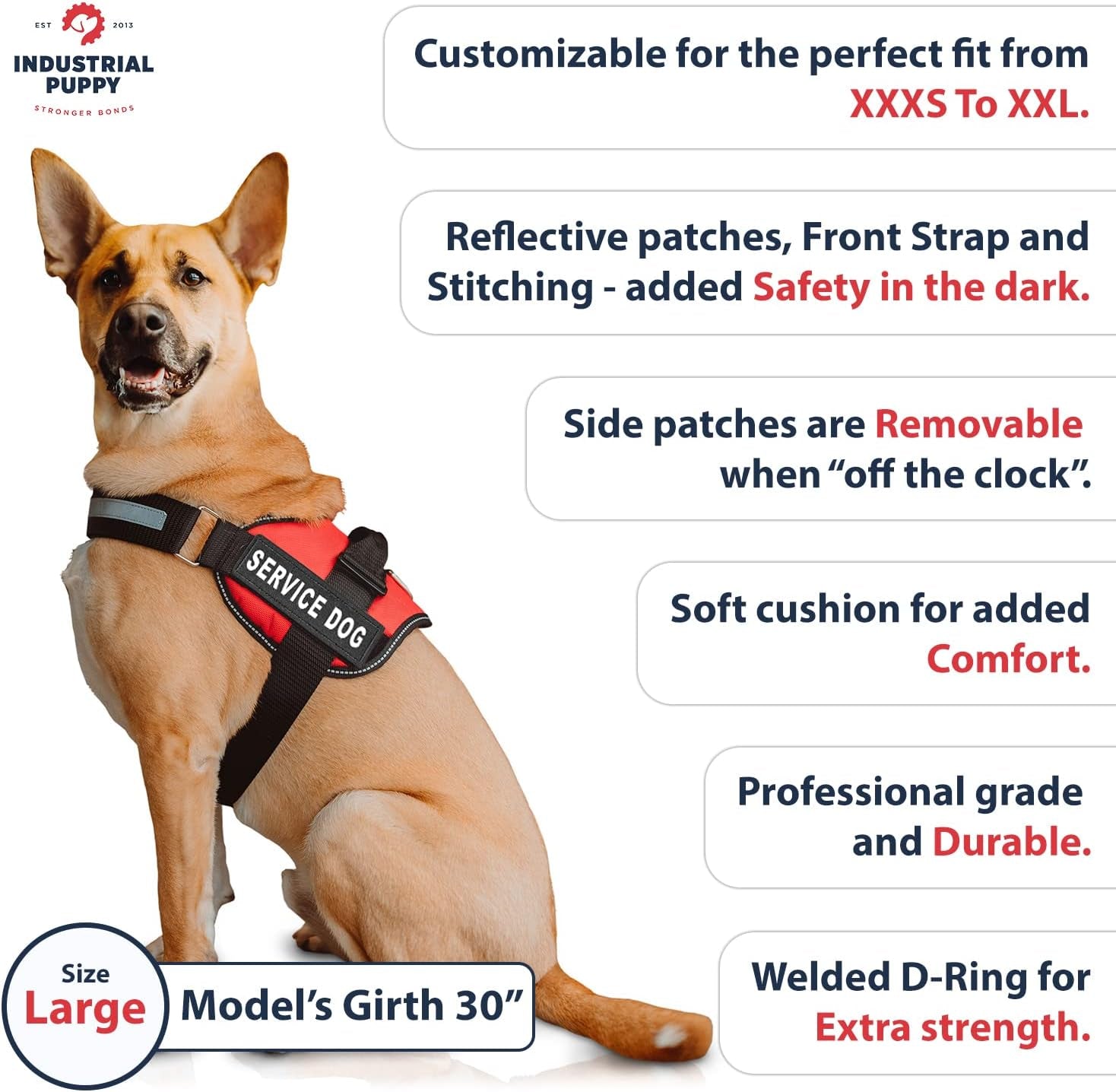 Service Dog Vest with Hook and Loop Straps and Handle - Harness Is Available in 8 Sizes from XXXS to XXL - Service Dog Harness Features Reflective Patch and Comfortable Mesh Design