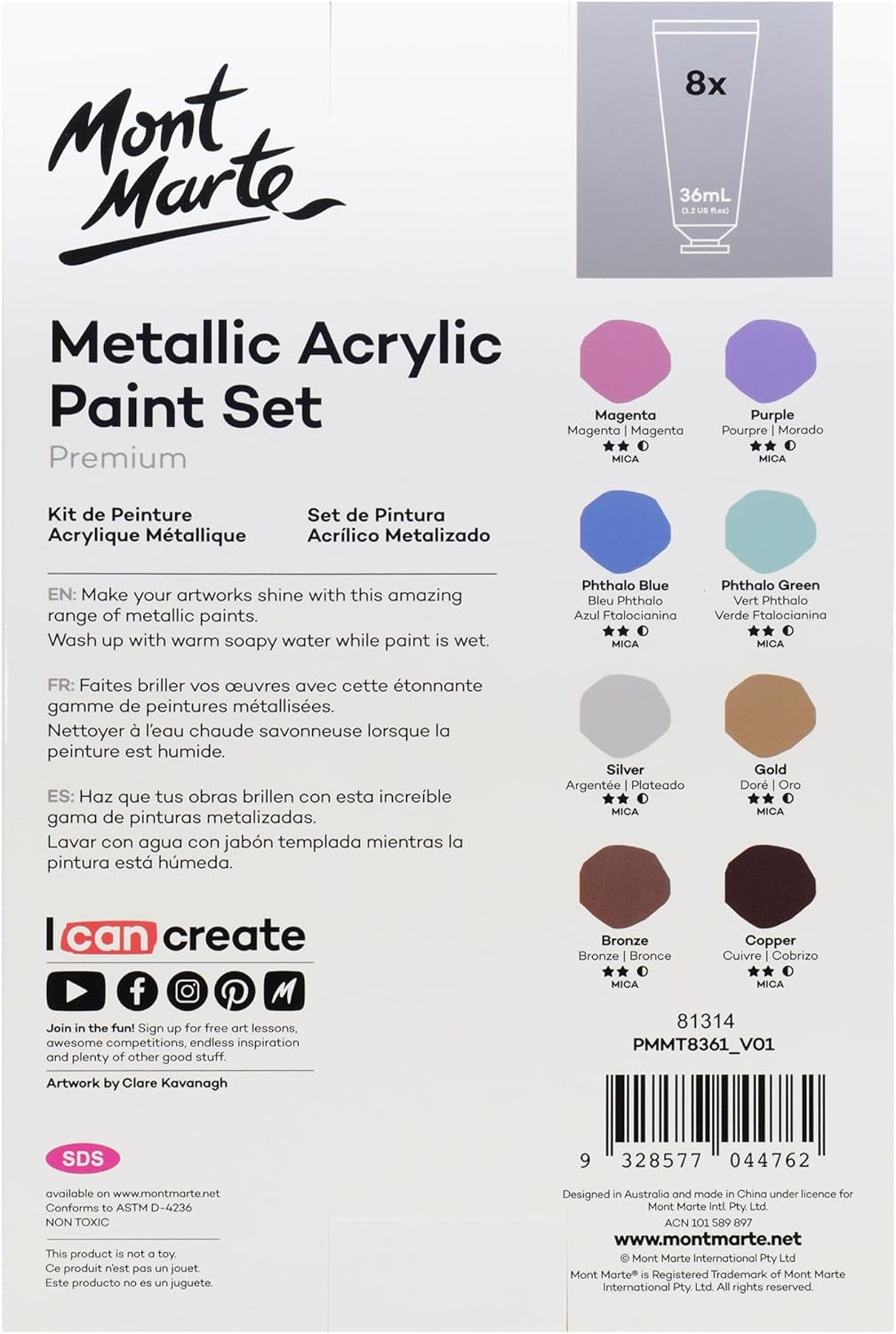 Premium Metallic Acrylic Paint Set, 8 X 1.02Oz (36Ml) Tubes, 8 Colors, Suitable for Most Surfaces Including Canvas, Card, Paper and Wood