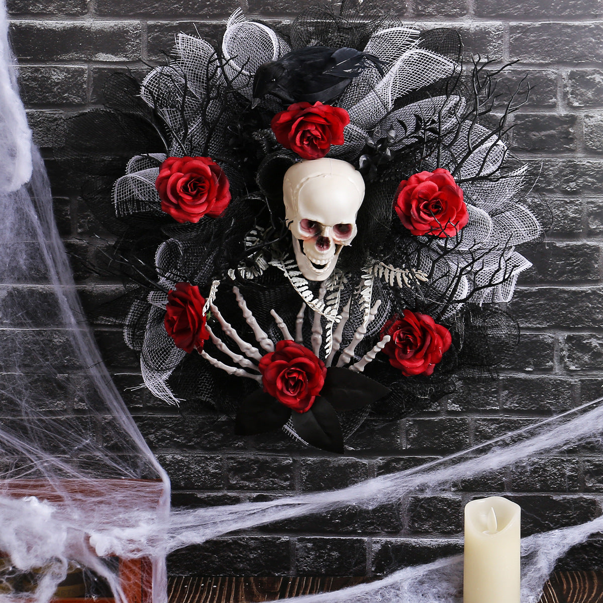 Halloween Red Rose Skull Mesh Garland – Spooky Door Hanging Decoration for Halloween Parties