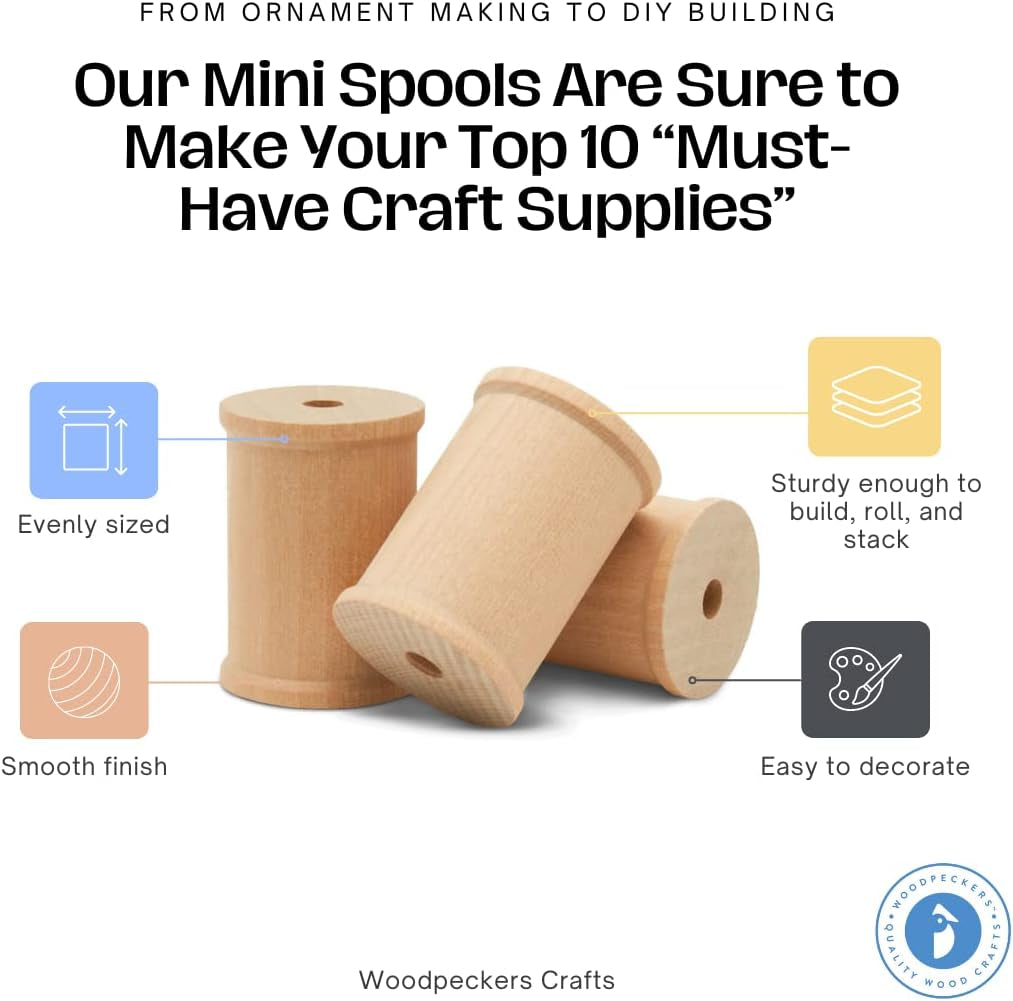 Wooden Spool for Crafts 3/4 X 5/8-Inch Pack of 50, Small Empty Thread Spools, Wood Spools for Crafts with Wooden Spindles, by