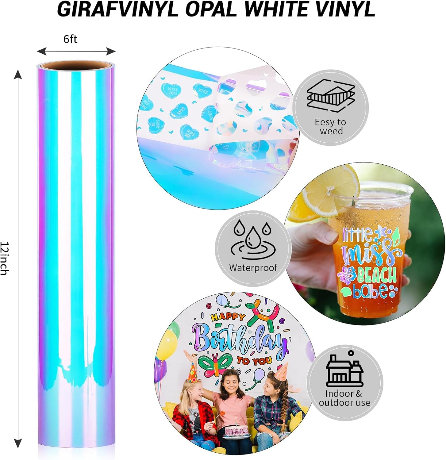 White Holographic Opal Vinyl - 12" X 6 Ft White Opal Permanent Vinyl for Christmas Home, and Car Decoration, Signs, Sticker