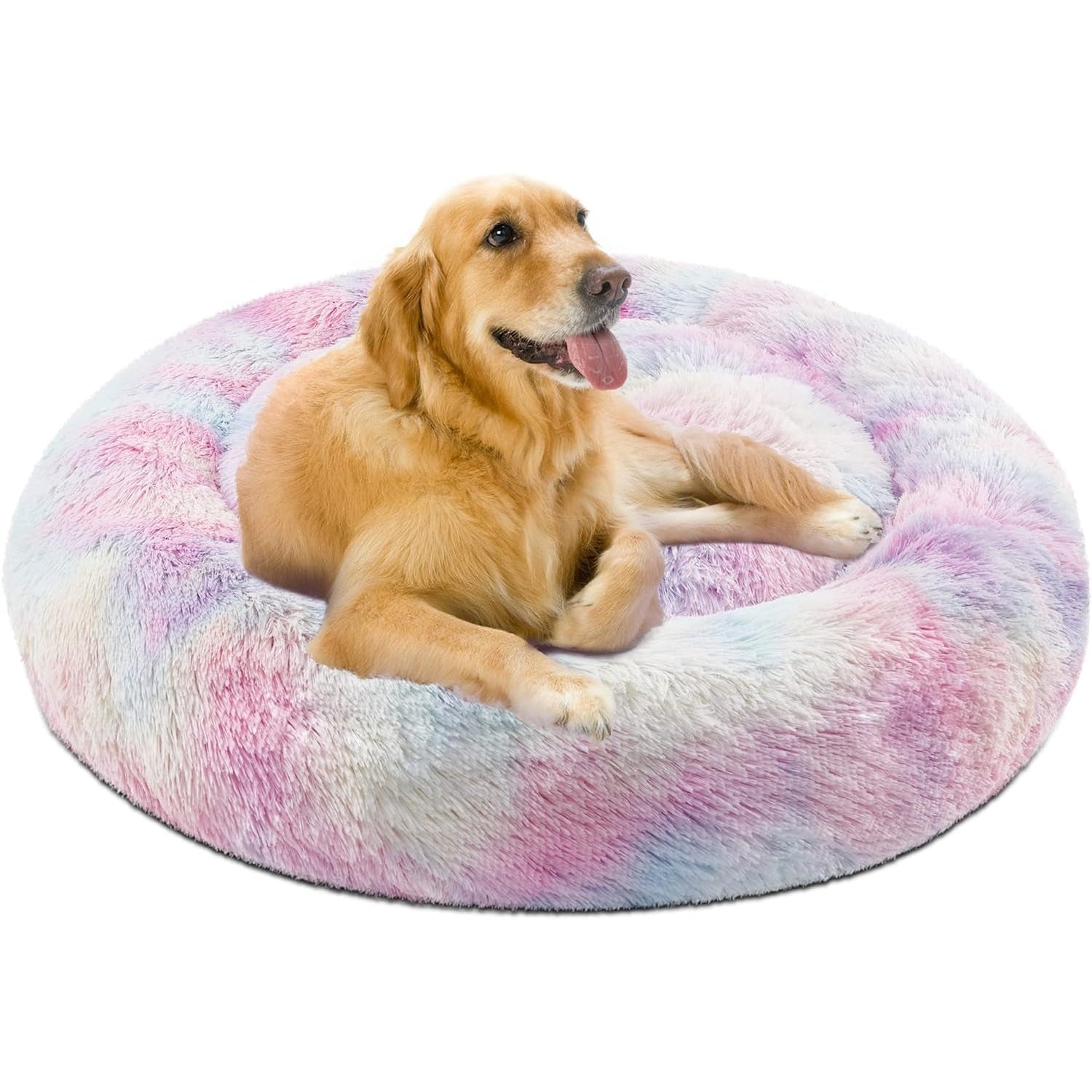 Donut Dog Bed Faux Fur Fluffy Calming Sofa for Large Dogs, Soft & Plush anti Anxiety Pet Couch for Dogs, Machine Washable Coco Pet Bed with Non-Slip Bottom, 36"X36"X8" Rainbow