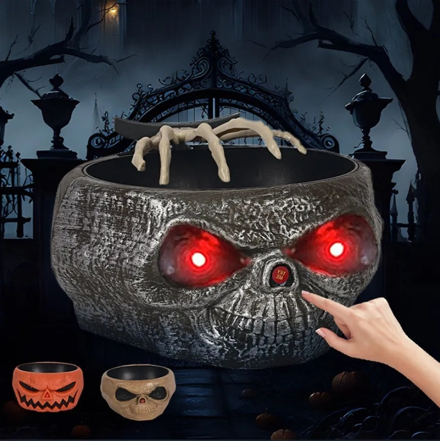 Halloween Candy Bowl with Motion-Activated Skeleton Hand – Battery-Operated Pumpkin Bowl for Trick-or-Treaters and Halloween Parties