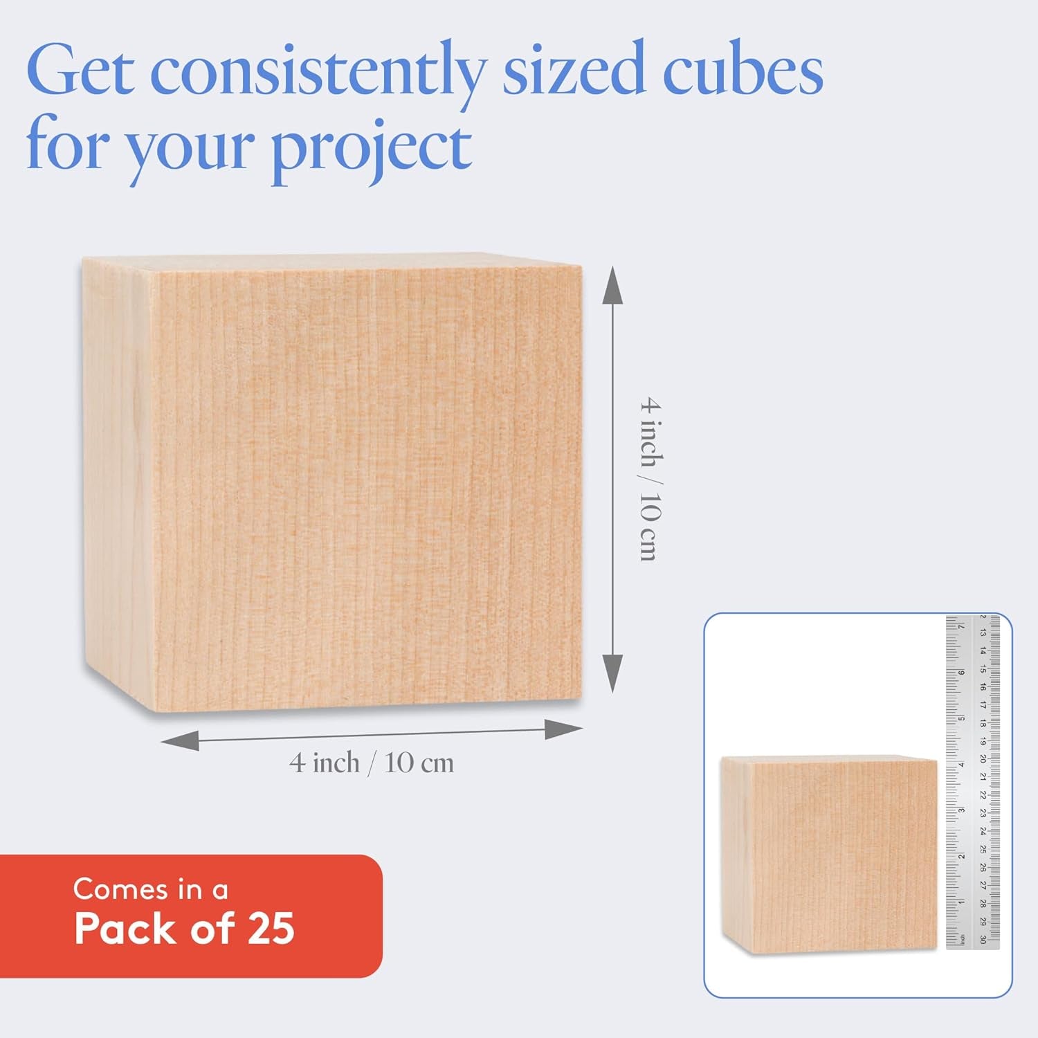 DIY Wood Cubes 4-Inch, Pack of 25 Large Blank Wooden Blocks for Crafts, STEM, Building, Monitor Riser, Photo Cube Craft, and Home Decor, by