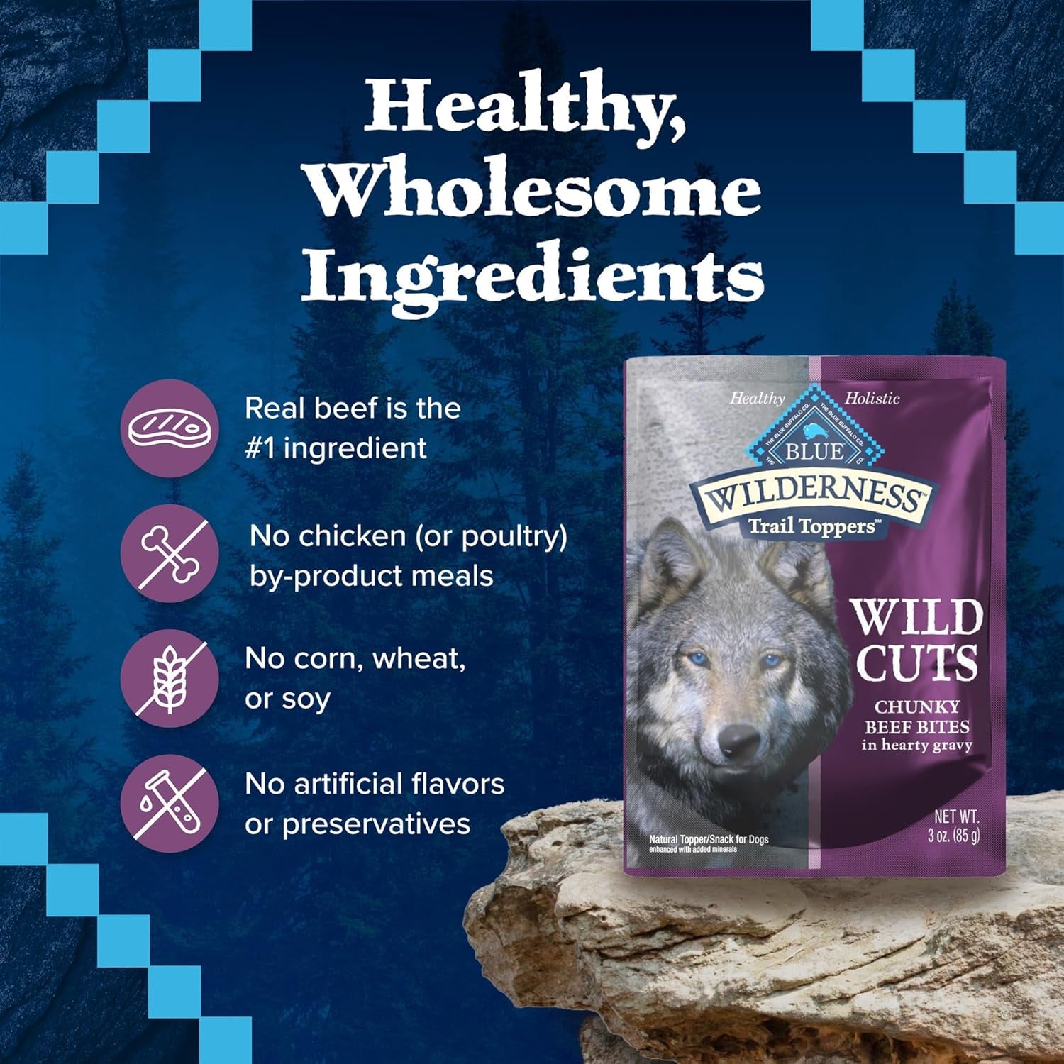 Wilderness Trail Toppers Wild Cuts Wet Dog Food, High-Protein & Grain-Free, Made with Natural Ingredients, Chunky Beef Bites in Hearty Gravy, 3-Oz. Pouches, (24 Count)