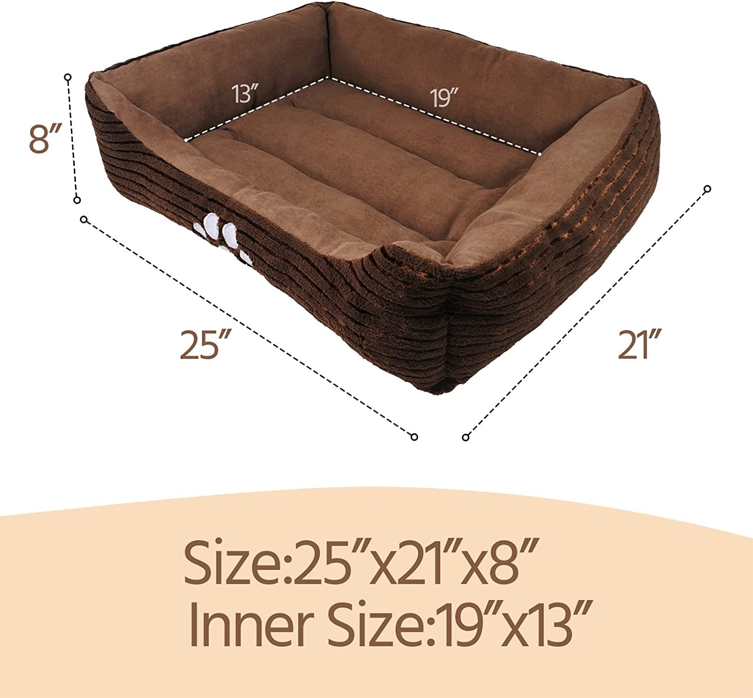 HCT REC-005 Reversible Rectangle Pet Bed with Dog Paw Printing, Coffee, by , 25 by 21 Inches