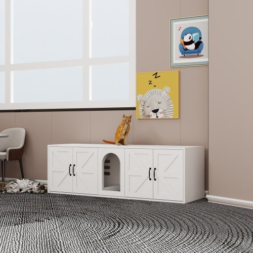 Modern Wooden Cat Litter Box Furniture - Double Room with Cat Door