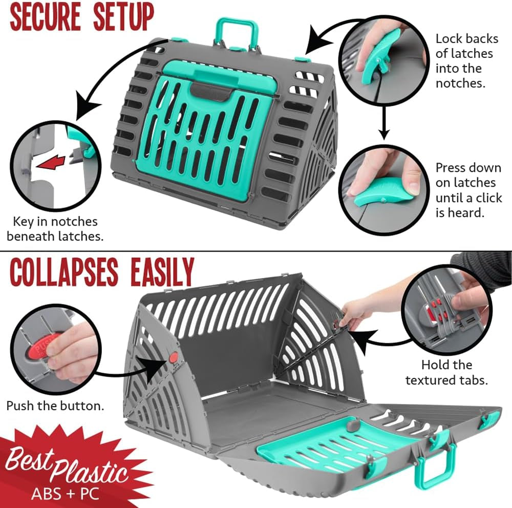 Sport Pet Designs Foldable Travel Cat Carrier - Front Door Plastic Collapsible Carrier Collection, Waterproof Bed