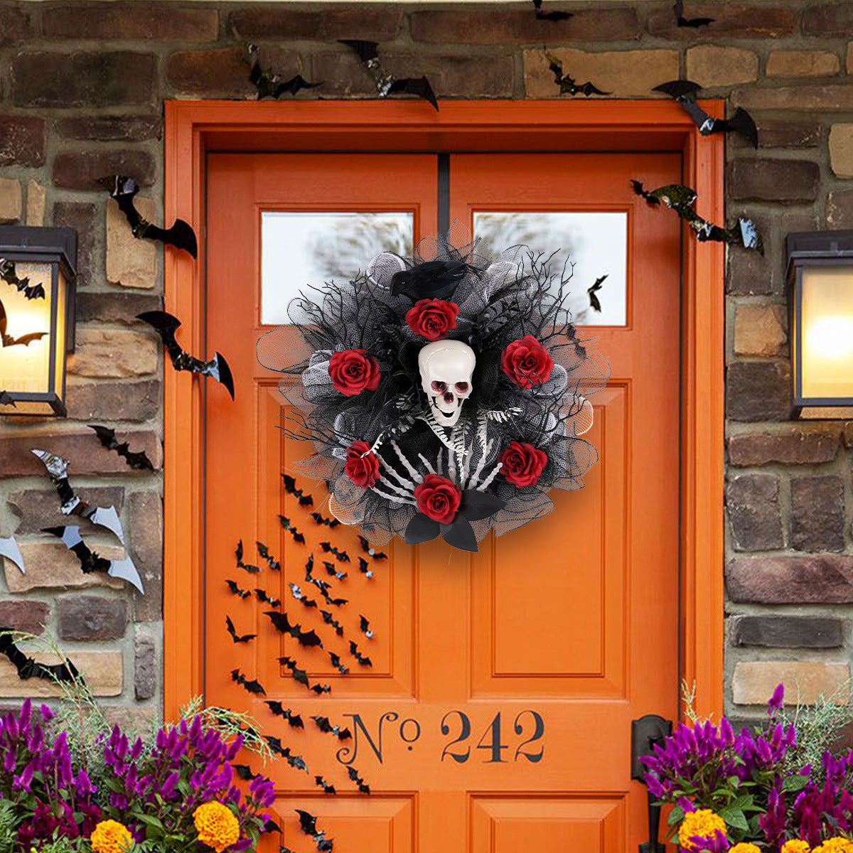 Halloween Red Rose Skull Mesh Garland – Spooky Door Hanging Decoration for Halloween Parties