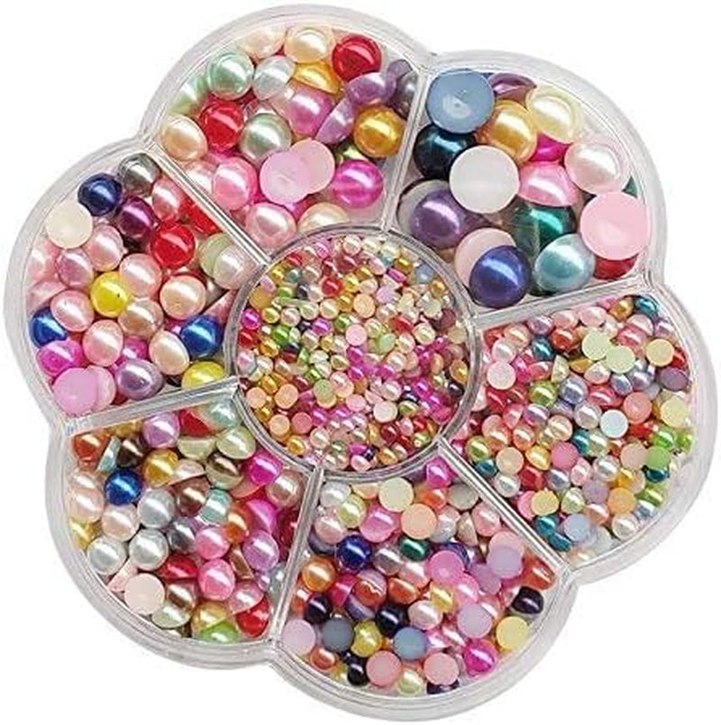 Random 1900Pcs Assorted 7 Sizes(3/4/5/6/7/8/10Mm) Imitation Half Pearl Flatback Bead Gem Scrapbook Craft DIY Loose Beads + Plastic Box (Multi-Color)