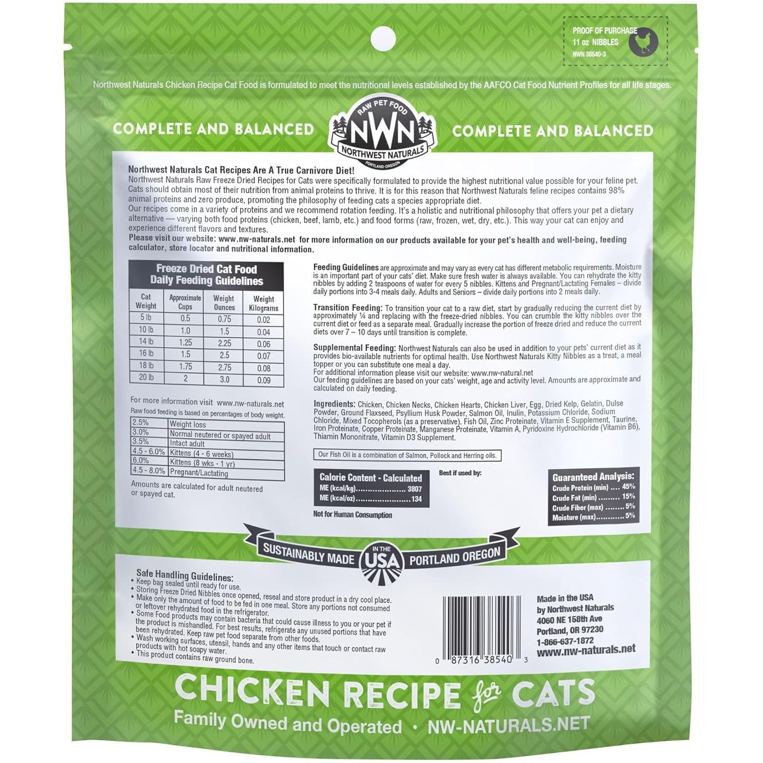 Freeze-Dried Chicken Cat Food - Bite-Sized Nibbles - Healthy, Limited Ingredients, Human Grade Pet Food, All Natural - 11 Oz