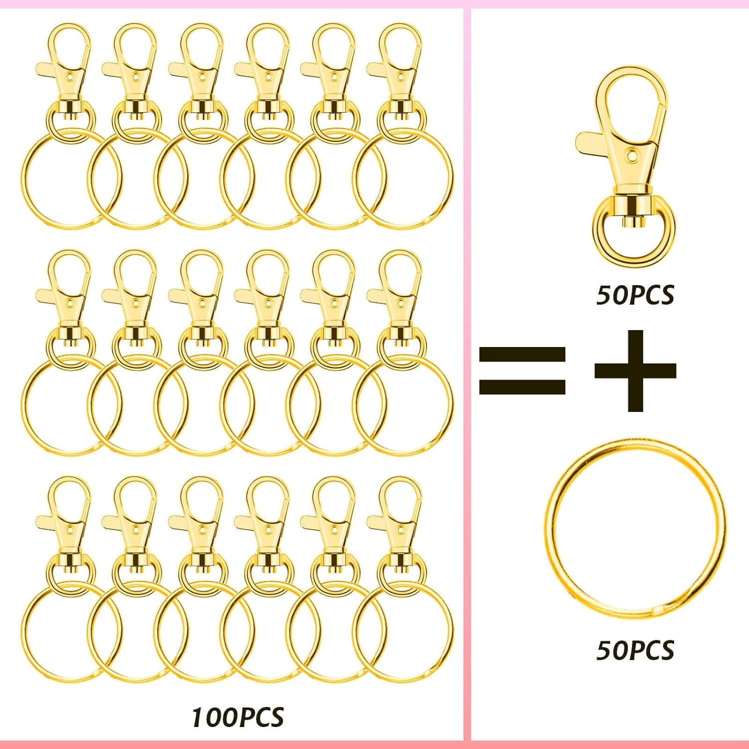 Gold Keychain Rings for Craft,  100Pcs Keychain Hardware Kit Includes 50Pcs Key Chain Hooks and 50Pcs Key Rings, Bulk Keychain Making Supplies for Resin Craft, Acrylic Blanks