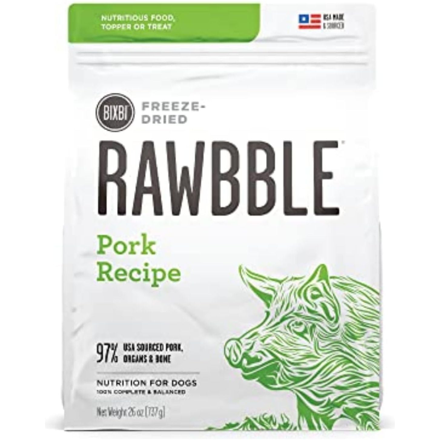 Rawbble Freeze Dried Dog Food, Pork Recipe, 26 Oz - 97% Meat and Organs, No Fillers - Pantry-Friendly Raw Dog Food for Meal, Treat or Food Topper - USA Made in Small Batches